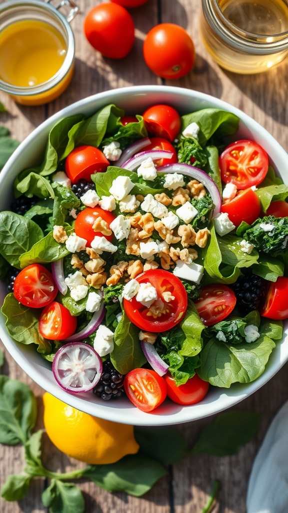 A colorful spinach and kale salad with tomatoes, red onion, feta, and walnuts on a wooden table.